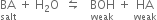 BA with salt below space plus space straight H subscript 2 straight O space space leftwards harpoon over rightwards harpoon space space space BOH with weak below space plus space HA with weak below