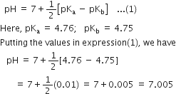 space space pH space equals space 7 plus 1 half open square brackets pK subscript straight a space minus space pK subscript straight b close square brackets space space space space... left parenthesis 1 right parenthesis
Here comma space pK subscript straight a space equals space 4.76 semicolon space space space pK subscript straight b space equals space 4.75
Putting space the space values space in space expression left parenthesis 1 right parenthesis comma space we space have
space space space pH space equals space 7 plus 1 half left square bracket 4.76 space minus space 4.75 right square bracket
space space space space space space space equals space 7 plus 1 half left parenthesis 0.01 right parenthesis space equals space 7 plus 0.005 space equals space 7.005