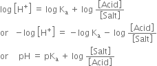 log space open square brackets straight H to the power of plus close square brackets space equals space log space straight K subscript straight a space plus space log space fraction numerator open square brackets Acid close square brackets over denominator open square brackets Salt close square brackets end fraction
or space space space minus log space open square brackets straight H to the power of plus close square brackets space equals space minus log space straight K subscript straight a space minus space log space fraction numerator open square brackets Acid close square brackets over denominator open square brackets Salt close square brackets end fraction
or space space space space space pH space equals space pK subscript straight a space plus space log space fraction numerator open square brackets Salt close square brackets over denominator open square brackets Acid close square brackets end fraction