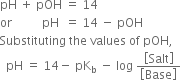 pH space plus space pOH space equals space 14
or space space space space space space space space space space pH space space equals space 14 space minus space pOH
Substituting space the space values space of space pOH comma
space space pH space equals space 14 minus space pK subscript straight b space minus space log space fraction numerator open square brackets Salt close square brackets over denominator open square brackets Base close square brackets end fraction