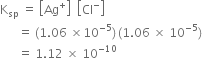 straight K subscript sp space equals space open square brackets Ag to the power of plus close square brackets space space open square brackets Cl to the power of minus close square brackets
space space space space space space equals space left parenthesis 1.06 space cross times 10 to the power of negative 5 end exponent right parenthesis thin space left parenthesis 1.06 space cross times space 10 to the power of negative 5 end exponent right parenthesis
space space space space space space equals space 1.12 space cross times space 10 to the power of negative 10 end exponent