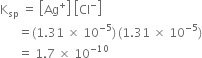 straight K subscript sp space equals space open square brackets Ag to the power of plus close square brackets space open square brackets Cl to the power of minus close square brackets
space space space space space space equals left parenthesis 1.31 space cross times space 10 to the power of negative 5 end exponent right parenthesis thin space left parenthesis 1.31 space cross times space 10 to the power of negative 5 end exponent right parenthesis
space space space space space space equals space 1.7 space cross times space 10 to the power of negative 10 end exponent