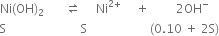 Ni left parenthesis OH right parenthesis subscript 2 space space space space space space space rightwards harpoon over leftwards harpoon space space space space space Ni to the power of 2 plus end exponent space space space space space plus space space space space space space space space space 2 OH to the power of minus
straight S space space space space space space space space space space space space space space space space space space space space space space space space space straight S space space space space space space space space space space space space space space space space space space space space space left parenthesis 0.10 space plus space 2 straight S right parenthesis