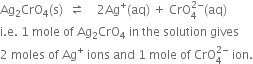 Ag subscript 2 CrO subscript 4 left parenthesis straight s right parenthesis space space rightwards harpoon over leftwards harpoon space space space space 2 Ag to the power of plus left parenthesis aq right parenthesis space plus space CrO subscript 4 superscript 2 minus end superscript left parenthesis aq right parenthesis
straight i. straight e. space 1 space mole space of space Ag subscript 2 CrO subscript 4 space in space the space solution space gives space
2 space moles space of space Ag to the power of plus space ions space and space 1 space mole space of space CrO subscript 4 superscript 2 minus end superscript space ion.