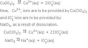 Cu left parenthesis IO subscript 3 right parenthesis subscript 2 space space space rightwards harpoon over leftwards harpoon with aq on top space space Cu to the power of 2 plus end exponent left parenthesis aq right parenthesis space plus space 2 IO subscript 3 superscript minus left parenthesis aq right parenthesis
Now comma space space space Cu to the power of 2 plus end exponent semicolon space ions space are space to space be space provided space by space Cu left parenthesis CIO subscript 3 right parenthesis subscript 2 space
and space IO subscript 3 superscript minus space ions space are space to space be space provided space by space
NaIO subscript 3 comma space as space straight a space result space of space dissociation.
space space space space Cu left parenthesis CIO subscript 3 right parenthesis subscript 2 space space rightwards arrow with aq on top space space Cu to the power of 2 plus end exponent left parenthesis aq right parenthesis space plus space 2 CIO subscript 3 superscript minus left parenthesis aq right parenthesis
space space space space space NaIO subscript 3 space rightwards arrow with aq on top space Na to the power of plus left parenthesis aq right parenthesis space plus space IO subscript 3 superscript minus left parenthesis aq right parenthesis

