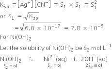 straight K subscript sp space equals open square brackets Ag to the power of plus close square brackets space open square brackets CN to the power of minus close square brackets space equals space straight S subscript 1 space cross times space straight S subscript 1 space equals space straight S subscript 1 superscript 2
or space space straight S subscript 1 space equals space square root of straight K subscript sp end root
space space space space space space space space space equals square root of 6.0 space cross times space 10 to the power of negative 17 end exponent end root space equals space 7.8 space cross times space 10 to the power of negative 9 end exponent
For space Ni left parenthesis OH right parenthesis subscript 2
Let space the space solubility space of space Ni left parenthesis OH right parenthesis subscript 2 space be space straight S subscript 2 space mol space straight L to the power of negative 1 end exponent
stack Ni left parenthesis OH right parenthesis subscript 2 with straight S subscript 2 space mol below space space space space leftwards harpoon over rightwards harpoon space space space space space stack space Ni to the power of 2 plus end exponent left parenthesis aq right parenthesis with straight S subscript 2 space mol below space space space plus space space stack 2 OH to the power of minus left parenthesis aq right parenthesis with 2 straight S subscript 2 space mol below
space