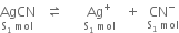 AgCN with straight S subscript 1 space mol below space space space rightwards harpoon over leftwards harpoon space space space space space space stack Ag to the power of plus with straight S subscript 1 space mol below space space space plus space space stack CN to the power of minus with straight S subscript 1 space mol below