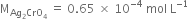 straight M subscript Ag subscript 2 CrO subscript 4 end subscript space equals space 0.65 space cross times space 10 to the power of negative 4 end exponent space mol space straight L to the power of negative 1 end exponent