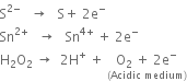 straight S to the power of 2 minus end exponent space space space rightwards arrow space space space straight S plus space 2 straight e to the power of minus
Sn to the power of 2 plus end exponent space space space rightwards arrow space space space Sn to the power of 4 plus end exponent space plus space 2 straight e to the power of minus
straight H subscript 2 straight O subscript 2 space rightwards arrow space space 2 straight H to the power of plus space plus space stack straight O subscript 2 space plus space 2 straight e to the power of minus with left parenthesis Acidic space medium right parenthesis below