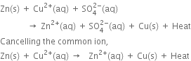 Zn left parenthesis straight s right parenthesis space plus space Cu to the power of 2 plus end exponent left parenthesis aq right parenthesis space plus space SO subscript 4 superscript 2 minus end superscript left parenthesis aq right parenthesis
space space space space space space space space space space space space space rightwards arrow space Zn to the power of 2 plus end exponent left parenthesis aq right parenthesis space plus space SO subscript 4 superscript 2 minus end superscript left parenthesis aq right parenthesis space plus space Cu left parenthesis straight s right parenthesis space plus space Heat
Cancelling space the space common space ion comma space
Zn left parenthesis straight s right parenthesis space plus space Cu to the power of 2 plus end exponent left parenthesis aq right parenthesis space rightwards arrow space space space Zn to the power of 2 plus end exponent left parenthesis aq right parenthesis space plus space Cu left parenthesis straight s right parenthesis space plus space Heat