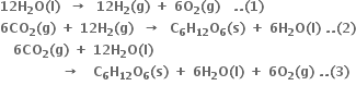 bold 12 bold H subscript bold 2 bold O bold left parenthesis bold l bold right parenthesis bold space bold space bold rightwards arrow bold space bold space bold 12 bold H subscript bold 2 bold left parenthesis bold g bold right parenthesis bold space bold plus bold space bold 6 bold O subscript bold 2 bold left parenthesis bold g bold right parenthesis bold space bold space bold space bold. bold. bold left parenthesis bold 1 bold right parenthesis
bold 6 bold CO subscript bold 2 bold left parenthesis bold g bold right parenthesis bold space bold plus bold space bold 12 bold H subscript bold 2 bold left parenthesis bold g bold right parenthesis bold space bold space bold rightwards arrow bold space bold space bold C subscript bold 6 bold H subscript bold 12 bold O subscript bold 6 bold left parenthesis bold s bold right parenthesis bold space bold plus bold space bold 6 bold H subscript bold 2 bold O bold left parenthesis bold l bold right parenthesis bold space bold. bold. bold left parenthesis bold 2 bold right parenthesis
bold space bold space bold space bold 6 bold CO subscript bold 2 bold left parenthesis bold g bold right parenthesis bold space bold plus bold space bold 12 bold H subscript bold 2 bold O bold left parenthesis bold l bold right parenthesis bold space
bold space bold space bold space bold space bold space bold space bold space bold space bold space bold space bold space bold space bold space bold space bold rightwards arrow bold space bold space bold space bold C subscript bold 6 bold H subscript bold 12 bold O subscript bold 6 bold left parenthesis bold s bold right parenthesis bold space bold plus bold space bold 6 bold H subscript bold 2 bold O bold left parenthesis bold l bold right parenthesis bold space bold plus bold space bold 6 bold O subscript bold 2 bold left parenthesis bold g bold right parenthesis bold space bold. bold. bold left parenthesis bold 3 bold right parenthesis
