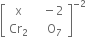 open square brackets table row straight x cell space space space minus 2 end cell row cell Cr subscript 2 end cell cell space space space space straight O subscript 7 end cell end table close square brackets to the power of negative 2 end exponent