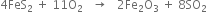 4 FeS subscript 2 space plus space 11 straight O subscript 2 space space space rightwards arrow space space space 2 Fe subscript 2 straight O subscript 3 space plus space 8 SO subscript 2