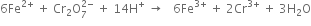 6 Fe to the power of 2 plus end exponent space plus space Cr subscript 2 straight O subscript 7 superscript 2 minus end superscript space plus space 14 straight H to the power of plus space rightwards arrow space space space 6 Fe to the power of 3 plus end exponent space plus space 2 Cr to the power of 3 plus end exponent space plus space 3 straight H subscript 2 straight O