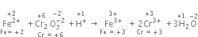 
stack stack Fe to the power of 2 plus end exponent with plus 2 on top with Fe equals plus 2 below space plus stack stack Cr subscript 2 with plus 6 on top space stack straight O subscript 7 superscript negative 2 end superscript with negative 2 on top space with Cr space equals plus 6 below plus stack straight H to the power of plus with plus 1 on top space rightwards arrow stack space stack Fe to the power of 3 plus end exponent with 3 plus on top with Fe space equals plus 3 below space plus stack stack 2 Cr to the power of 3 plus end exponent with plus 3 on top with Cr space equals plus 3 below space plus stack 3 straight H subscript 2 with plus 1 on top straight O with negative 2 on top