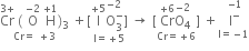stack Cr with 3 plus on top space left parenthesis space straight O with negative 2 on top space straight H with plus 1 on top right parenthesis subscript 3 with Cr equals space plus 3 below space plus stack left square bracket straight I with plus 5 on top stack straight O subscript 3 superscript minus with negative 2 on top right square bracket space with straight I equals plus 5 below rightwards arrow space left square bracket stack Cr with plus 6 on top stack straight O subscript 4 with negative 2 on top with Cr equals plus 6 below right square bracket space plus stack space stack straight I to the power of minus with negative 1 on top with straight I equals negative 1 below