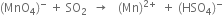 left parenthesis MnO subscript 4 right parenthesis to the power of minus space plus space SO subscript 2 space space rightwards arrow space space space left parenthesis Mn right parenthesis to the power of 2 plus end exponent space space plus space left parenthesis HSO subscript 4 right parenthesis to the power of minus