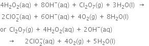 4 straight H subscript 2 straight O subscript 2 left parenthesis aq right parenthesis space plus space 8 OH to the power of minus left parenthesis aq right parenthesis space plus space Cl subscript 2 straight O subscript 7 left parenthesis straight g right parenthesis space plus space 3 straight H subscript 2 straight O left parenthesis straight l right parenthesis space space rightwards arrow space space
space 2 ClO subscript 2 superscript minus left parenthesis aq right parenthesis space plus space 6 OH to the power of minus left parenthesis aq right parenthesis plus space 4 straight O subscript 2 left parenthesis straight g right parenthesis space plus space 8 straight H subscript 2 straight O left parenthesis straight l right parenthesis
or space space Cl subscript 2 straight O subscript 7 left parenthesis straight g right parenthesis space plus space 4 straight H subscript 2 straight O subscript 2 left parenthesis aq right parenthesis space plus space 2 OH to the power of minus left parenthesis aq right parenthesis
space space space space space rightwards arrow space space space space space space 2 ClO subscript 2 superscript minus left parenthesis aq right parenthesis space plus space 4 straight O subscript 2 left parenthesis straight g right parenthesis space plus space 5 straight H subscript 2 straight O left parenthesis straight l right parenthesis