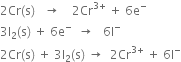 2 Cr left parenthesis straight s right parenthesis space space space rightwards arrow space space space space 2 Cr to the power of 3 plus end exponent space plus space 6 straight e to the power of minus
3 straight l subscript 2 left parenthesis straight s right parenthesis space plus space 6 straight e to the power of minus space space rightwards arrow space space space 6 straight I to the power of minus
2 Cr left parenthesis straight s right parenthesis space plus space 3 straight I subscript 2 left parenthesis straight s right parenthesis space rightwards arrow space space 2 Cr to the power of 3 plus end exponent space plus space 6 straight I to the power of minus