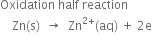 Oxidation space half space reaction
space space space space Zn left parenthesis straight s right parenthesis space space rightwards arrow space space Zn to the power of 2 plus end exponent left parenthesis aq right parenthesis space plus space 2 straight e

