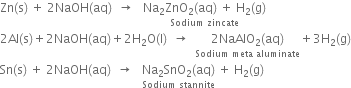 Zn left parenthesis straight s right parenthesis space plus space 2 NaOH left parenthesis aq right parenthesis space space rightwards arrow space space space stack Na subscript 2 ZnO subscript 2 left parenthesis aq right parenthesis space plus space straight H subscript 2 left parenthesis straight g right parenthesis with Sodium space zincate below
2 Al left parenthesis straight s right parenthesis plus 2 NaOH left parenthesis aq right parenthesis plus 2 straight H subscript 2 straight O left parenthesis straight l right parenthesis space space rightwards arrow space space stack 2 NaAlO subscript 2 left parenthesis aq right parenthesis with Sodium space meta space aluminate below plus 3 straight H subscript 2 left parenthesis straight g right parenthesis
Sn left parenthesis straight s right parenthesis space plus space 2 NaOH left parenthesis aq right parenthesis space space rightwards arrow space space space stack Na subscript 2 SnO subscript 2 left parenthesis aq right parenthesis with Sodium space stannite below space plus space straight H subscript 2 left parenthesis straight g right parenthesis