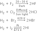 straight H subscript 2 space plus space straight F subscript 2 space space rightwards arrow from Dark to 20 minus 30 space straight K of space 2 HF
straight H subscript 2 space plus space Cl subscript 2 space rightwards arrow from Sun space light to Diffused of space 2 HCl
straight H subscript 2 space plus space space Br subscript 2 space rightwards arrow with 620 space straight K on top space 2 HBr
straight H subscript 2 space plus space straight I subscript 2 space rightwards harpoon over leftwards harpoon from 673 space straight K to Pt of space 2 HI