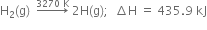 straight H subscript 2 left parenthesis straight g right parenthesis space space rightwards arrow with 3270 space straight K on top space 2 straight H left parenthesis straight g right parenthesis semicolon space space increment straight H space equals space 435.9 space kJ