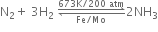 straight N subscript 2 plus space 3 straight H subscript 2 space rightwards harpoon over leftwards harpoon from Fe divided by Mo to 673 straight K divided by 200 space atm of 2 NH subscript 3