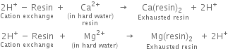 stack 2 straight H to the power of plus space minus space Resin with Cation space exchange below space plus space stack stack Ca to the power of 2 plus end exponent with left parenthesis in space hard space water right parenthesis below with resin below space space rightwards arrow space space space space stack Ca left parenthesis resin right parenthesis subscript 2 space with Exhausted space resin below plus space 2 straight H to the power of plus
stack 2 straight H to the power of plus space minus space Resin with Cation space exchange space below space plus space space stack Mg to the power of 2 plus end exponent with left parenthesis in space hard space water right parenthesis below space space space rightwards arrow space space space space space stack Mg left parenthesis resin right parenthesis subscript 2 with Exhausted space resin below space plus space 2 straight H to the power of plus