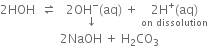 2 HOH space space rightwards harpoon over leftwards harpoon space space space stack 2 OH to the power of minus left parenthesis aq with downwards arrow below right parenthesis space plus space stack 2 straight H to the power of plus left parenthesis aq right parenthesis with on space dissolution below
space space space space space space space space space space space space space space space space space space space space 2 NaOH space plus space straight H subscript 2 CO subscript 3