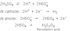 2 straight H subscript 2 SO subscript 4 space space rightwards harpoon over leftwards harpoon space space space 2 straight H to the power of plus space plus space 2 HSO subscript 4 superscript minus
At space cathode colon space space 2 straight H to the power of plus space plus space 2 straight e to the power of minus space space space rightwards arrow space space space straight H subscript 2
At space anode colon space space space 2 HSO subscript 4 superscript minus space space rightwards arrow space space space space 2 HSO subscript 4 space plus space 2 straight e to the power of minus
space space space space space space space space space space space space space space space space 2 HSO subscript 4 space space rightwards arrow space space space space stack straight H subscript 2 straight S subscript 2 straight O subscript 8 with Persulphric space acid below space space space space space space space space space space space