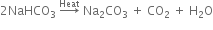 2 NaHCO subscript 3 space rightwards arrow with Heat on top space Na subscript 2 CO subscript 3 space plus space CO subscript 2 space plus space straight H subscript 2 straight O