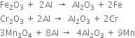 Fe subscript 2 straight O subscript 3 space plus space space 2 Al space space rightwards arrow space space Al subscript 2 straight O subscript 3 space plus space 2 Fe
Cr subscript 2 straight O subscript 3 space plus space 2 Al space rightwards arrow space space Al subscript 2 straight O subscript 3 space plus space 2 Cr
3 Mn subscript 3 straight O subscript 4 space plus space 8 Al space rightwards arrow space space 4 Al subscript 2 straight O subscript 3 space plus space 9 Mn