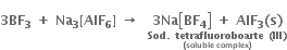 bold 3 bold BF subscript bold 3 bold space bold plus bold space bold Na subscript bold 3 bold left square bracket bold AlF subscript bold 6 bold right square bracket bold space bold rightwards arrow bold space bold space stack bold 3 bold Na open square brackets bold BF subscript bold 4 close square brackets bold space bold plus bold space bold AlF subscript bold 3 bold left parenthesis bold s bold right parenthesis with stack bold Sod bold. bold space bold tetrafluoroboarte bold space bold left parenthesis bold III bold right parenthesis with bold left parenthesis bold soluble bold space bold complex bold right parenthesis below below