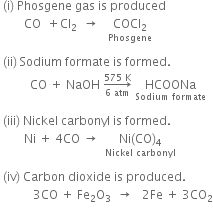 space left parenthesis straight i right parenthesis space Phosgene space gas space is space produced
space space space space space space space space CO space space plus Cl subscript 2 space space rightwards arrow space space space stack COCl subscript 2 with Phosgene below

space left parenthesis ii right parenthesis space Sodium space formate space is space formed.
space space space space space space space space space space CO space plus space NaOH space rightwards arrow from 6 space atm to 575 space straight K of space HCOONa with Sodium space formate below

space left parenthesis iii right parenthesis space Nickel space carbonyl space is space formed.
space space space space space space space space Ni space plus space 4 CO space rightwards arrow space space stack Ni left parenthesis CO right parenthesis subscript 4 with Nickel space carbonyl below

space left parenthesis iv right parenthesis space Carbon space dioxide space is space produced.
space space space space space space space space space space space 3 CO space plus space Fe subscript 2 straight O subscript 3 space space rightwards arrow space space space 2 Fe space plus space 3 CO subscript 2
