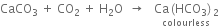 CaCO subscript 3 space plus space CO subscript 2 space plus space straight H subscript 2 straight O space space rightwards arrow space space space stack Ca left parenthesis HCO subscript 3 right parenthesis subscript 2 with colourless below