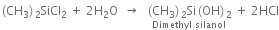 left parenthesis CH subscript 3 right parenthesis subscript 2 SiCl subscript 2 space plus space 2 straight H subscript 2 straight O space space rightwards arrow space space stack left parenthesis CH subscript 3 right parenthesis subscript 2 Si left parenthesis OH right parenthesis subscript 2 with Dimethyl space silanol below space plus space 2 HCl
