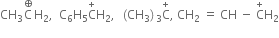 CH subscript 3 straight C with circled plus on top straight H subscript 2 comma space space straight C subscript 6 straight H subscript 5 straight C with plus on top straight H subscript 2 comma space space left parenthesis CH subscript 3 right parenthesis subscript 3 straight C with plus on top comma space CH subscript 2 space equals space CH space minus space straight C with plus on top straight H subscript 2