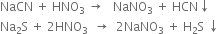 NaCN space plus space HNO subscript 3 space rightwards arrow space space space NaNO subscript 3 space plus space HCN downwards arrow
Na subscript 2 straight S space plus space 2 HNO subscript 3 space end subscript space rightwards arrow space space 2 NaNO subscript 3 space plus space straight H subscript 2 straight S space downwards arrow