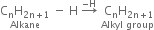 stack straight C subscript straight n straight H subscript 2 straight n plus 1 end subscript with Alkane below space minus space straight H space rightwards arrow with negative straight H on top space stack space straight C subscript straight n straight H subscript 2 straight n plus 1 end subscript with Alkyl space group below
