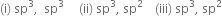 left parenthesis straight i right parenthesis space sp cubed comma space space sp cubed space space space space space left parenthesis ii right parenthesis space sp cubed comma space sp squared space space space space left parenthesis iii right parenthesis space sp cubed comma space sp squared