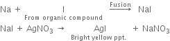 Na space plus space straight I with From space organic space compound below space space space rightwards arrow with Fusion on top space space space NaI
NaI space plus space AgNO subscript 3 space rightwards arrow space space AgI with Bright space yellow space ppt. space below space plus space NaNO subscript 3