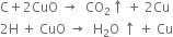 straight C plus 2 CuO space rightwards arrow space space CO subscript 2 upwards arrow space plus space 2 Cu
2 straight H space plus space CuO space rightwards arrow space space straight H subscript 2 straight O space upwards arrow space plus space Cu