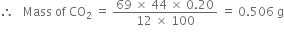 therefore space space space Mass space of space CO subscript 2 space equals space fraction numerator 69 space cross times space 44 space cross times space 0.20 over denominator 12 space cross times space 100 end fraction space equals space 0.506 space straight g