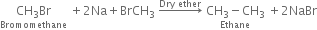 stack CH subscript 3 Br with Bromomethane below space plus 2 Na plus BrCH subscript 3 space rightwards arrow with Dry space ether on top space stack CH subscript 3 minus CH subscript 3 with Ethane below space plus 2 NaBr