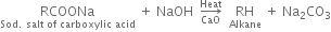 RCOONa with Sod. space salt space of space carboxylic space acid below space plus space NaOH space space rightwards arrow from CaO to Heat of space space RH with Alkane below space plus space Na subscript 2 CO subscript 3