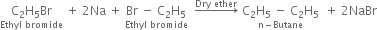 stack straight C subscript 2 straight H subscript 5 Br with Ethyl space bromide below space plus space 2 Na space plus space stack Br space minus space straight C subscript 2 straight H subscript 5 with Ethyl space bromide below space space rightwards arrow with Dry space ether on top space stack straight C subscript 2 straight H subscript 5 space minus space straight C subscript 2 straight H subscript 5 with straight n minus Butane below space space plus space 2 NaBr