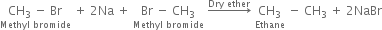 stack CH subscript 3 space minus space Br with Methyl space bromide below space plus space 2 Na space plus space stack Br space minus space CH subscript 3 with Methyl space bromide below space rightwards arrow with Dry space ether on top space stack CH subscript 3 with Ethane below space minus space CH subscript 3 space plus space 2 NaBr