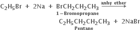 bold C subscript bold 2 bold H subscript bold 5 bold Br bold space bold plus bold space bold 2 bold Na bold space bold plus bold space stack bold BrCH subscript bold 2 bold CH subscript bold 2 bold CH subscript bold 3 with bold 1 bold minus bold Bromopropane below bold space bold rightwards arrow with bold anhy bold space bold ether on top
bold space bold space bold space bold space bold space bold space bold space bold space bold space bold space bold space bold space bold space bold space bold space bold space bold space bold space bold space bold space bold space bold space bold space bold space bold space bold space bold space bold space bold space stack bold C subscript bold 2 bold H subscript bold 5 bold CH subscript bold 2 bold CH subscript bold 2 bold CH subscript bold 3 with bold Pentane below bold space bold plus bold space bold 2 bold NaBr