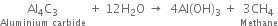 stack Al subscript 4 straight C subscript 3 with Aluminium space carbide below space plus space 12 straight H subscript 2 straight O space rightwards arrow space space 4 Al left parenthesis OH right parenthesis subscript 3 space plus space stack 3 CH subscript 4 with Methane below